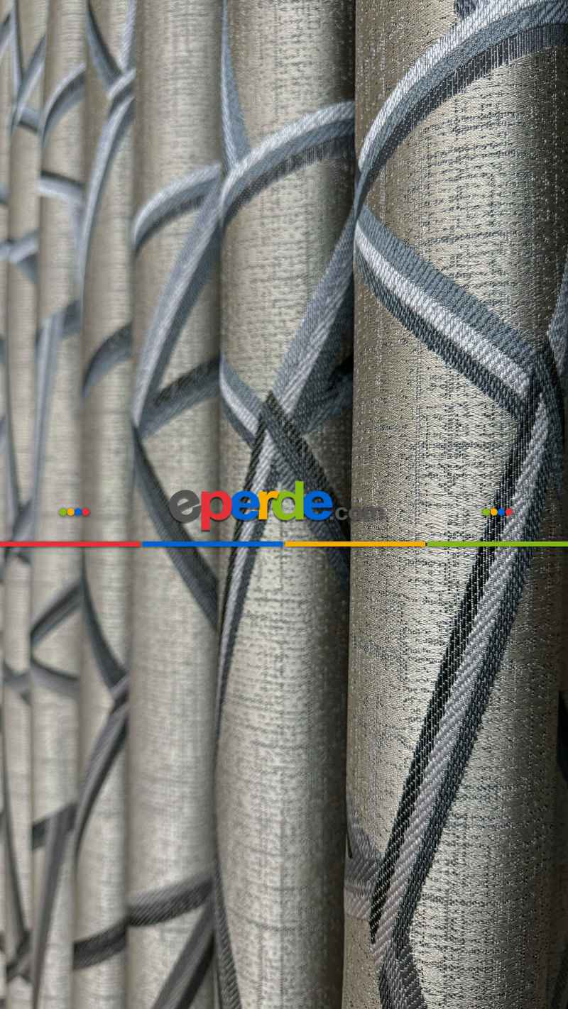 Gri Petrol Mavi Geometrik Desen Jakar Dokuma Fon Perde - Premium Seri Ağır Gramajlı