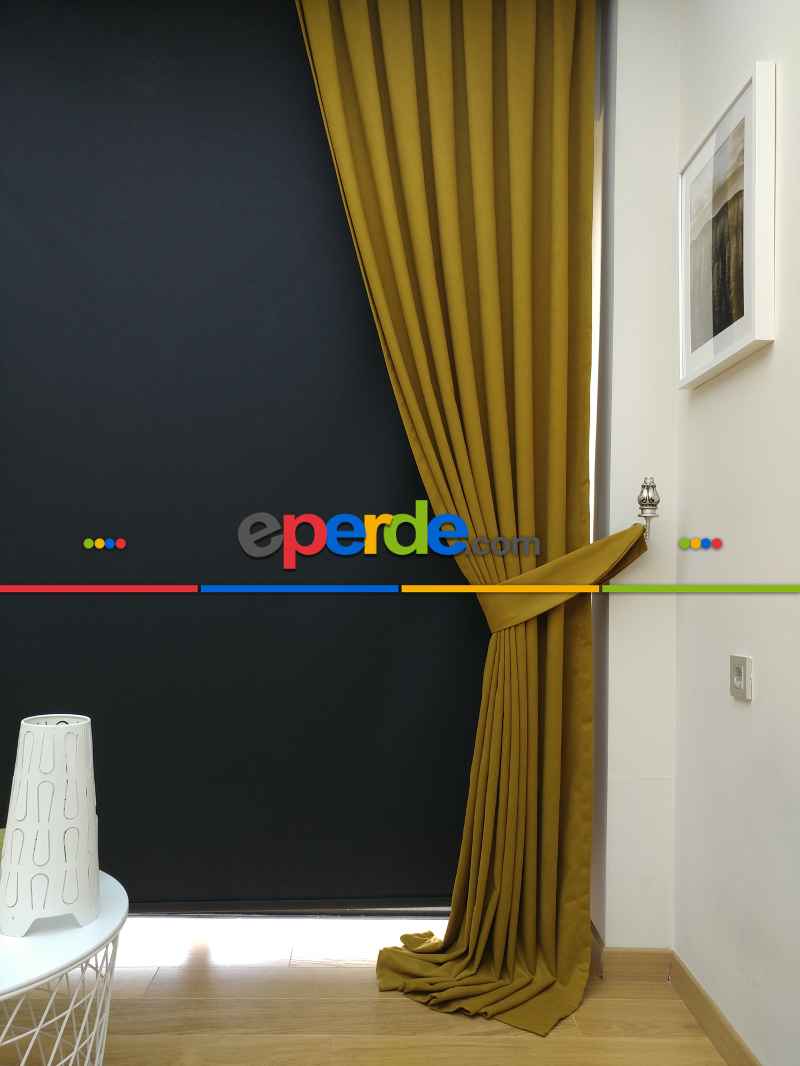 Düz Renk Dökümlü Fon Perde (180)- Hardal Yeşili