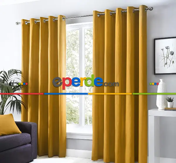 Yatak Odası Hardal Koyu Sarı Perde Kuşgözü Rustik Perde Halka Kuşgözü Boru İçin Perde