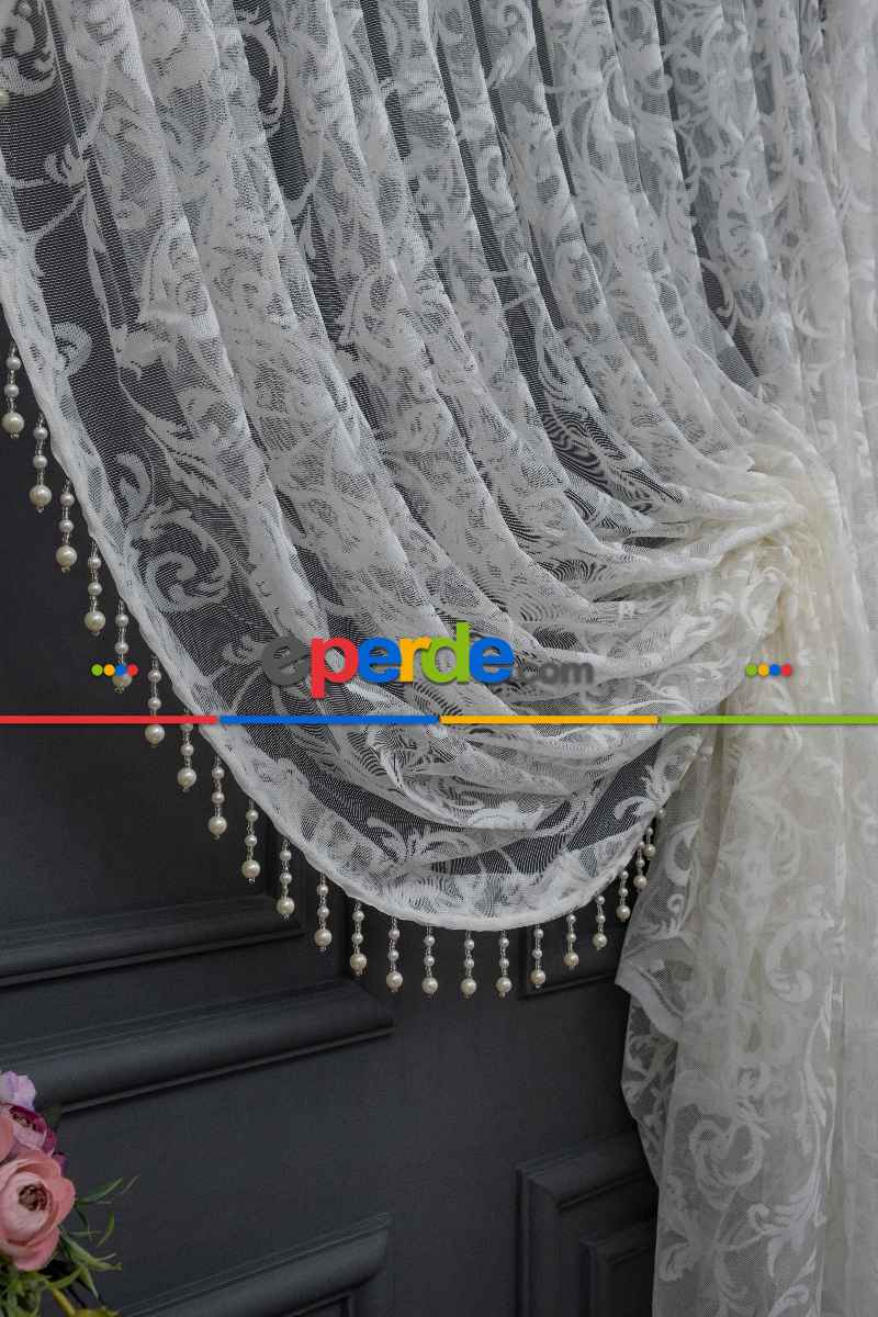 Beyaz Tül Perde - Sarmaşık Şal Desenli Tül - Kruvaze Model Yanki Tül Perde - Düz Model Seçeneği Var - Örme Tül