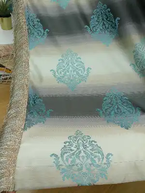 Renk Geçişli Jakar Damask Desenli Salon Fon Perdesi - Lacivert - Mavi - Bej ( Kendinden Saçaklı)- Bej-füme-turkuaz