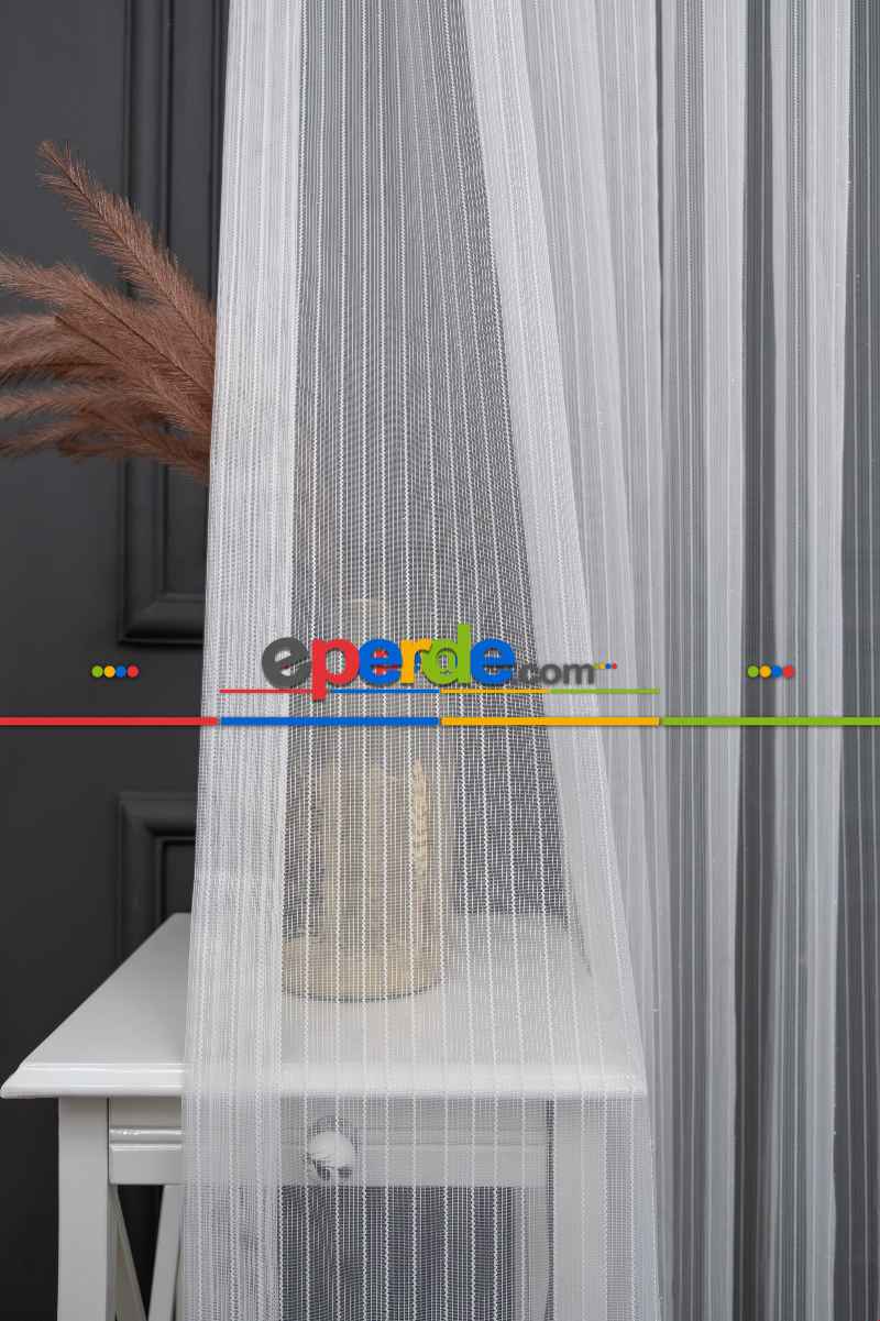Hazır Ölçülü Simli Çizgili Kurşunlu Tül Perde - Ekru 145cm X 133cm 
