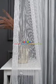 Hazır Ölçülü Simli Çizgili Kurşunlu Tül Perde - Ekru 145cm X 133cm 