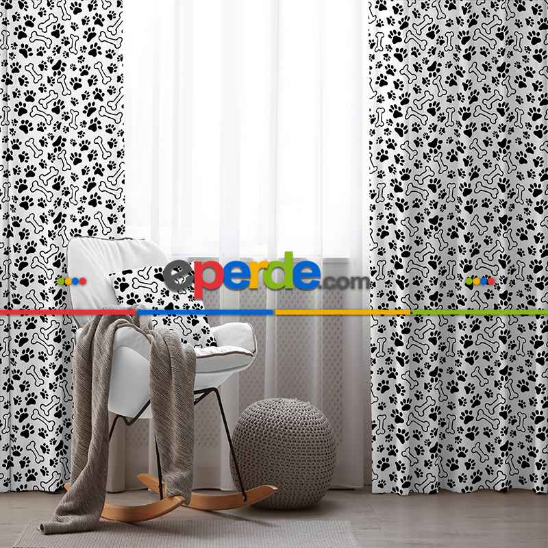 Harf Desenli Fon Perde Evim899 Kumaşı Kalındır Duck Bezi Değildir- Mavi-beyaz