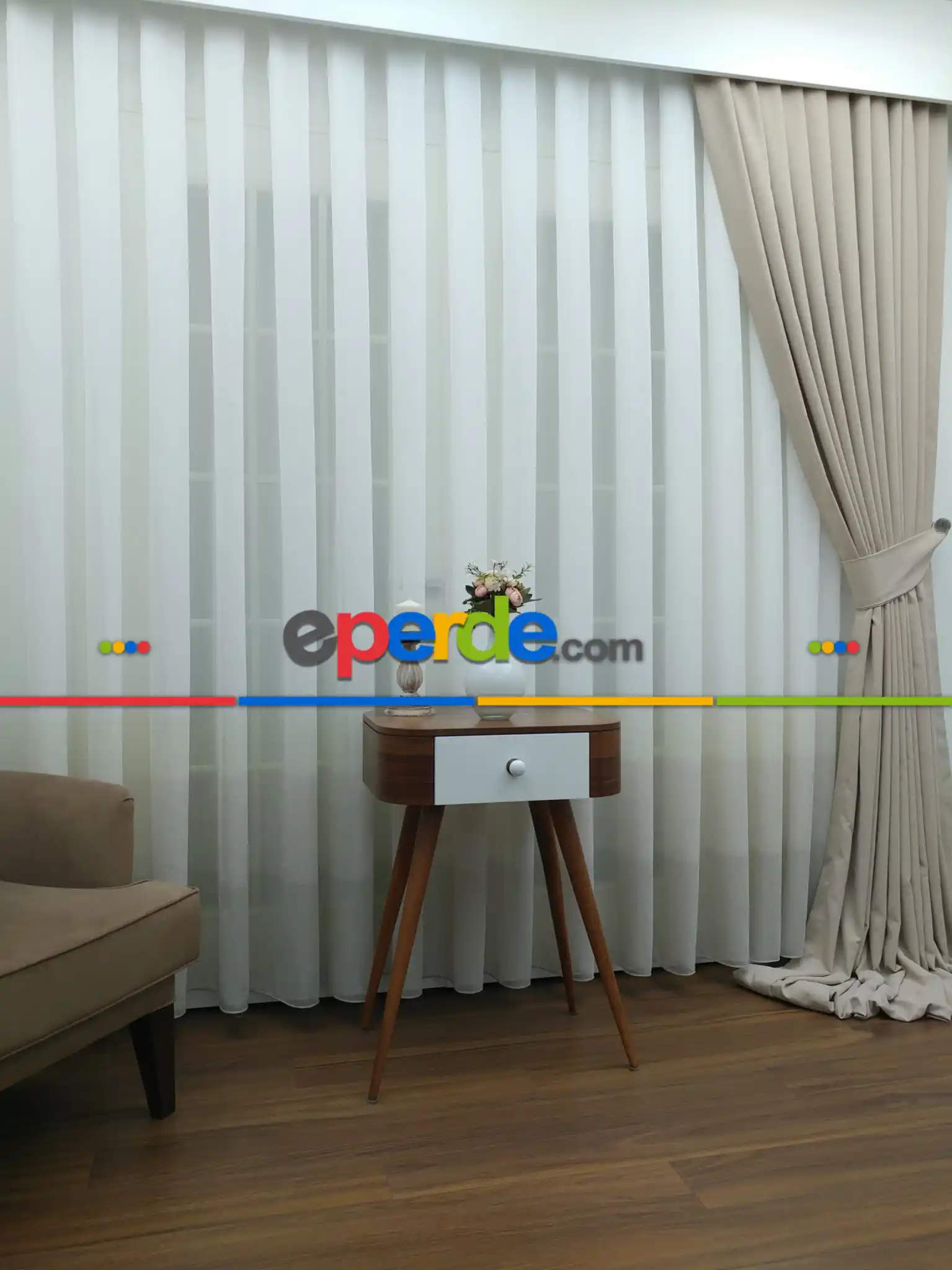 Salon Tül Perde - Krem - Bej Keten Tül Degrade Perde- Krem