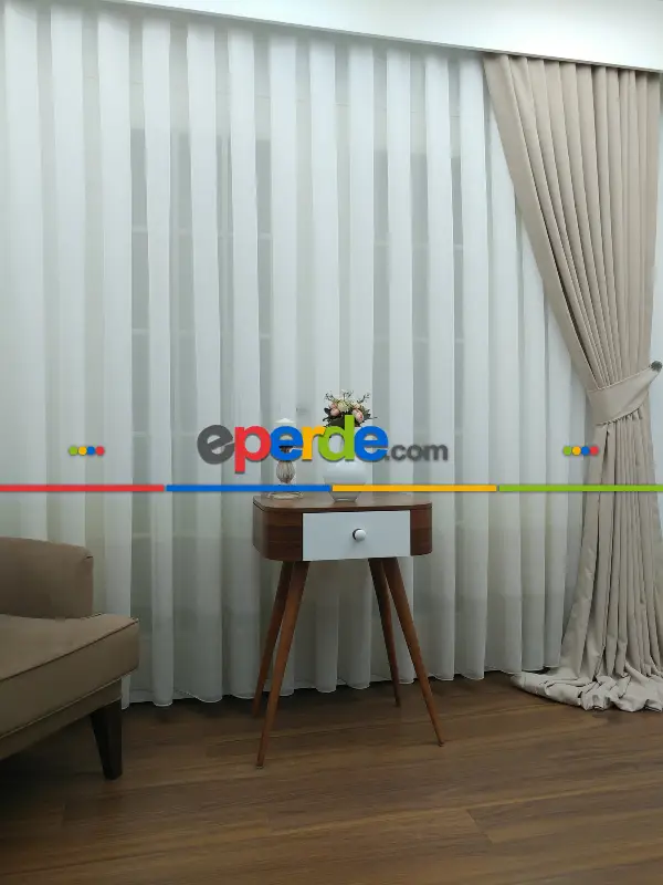 Salon Tül Perde - Krem - Bej Keten Tül Degrade Perde- Krem