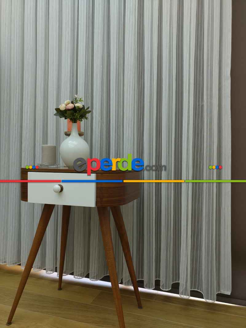 Boyuna Zincir Desenli Düz Tül Perde- Ekru - Kurşunlu Tül