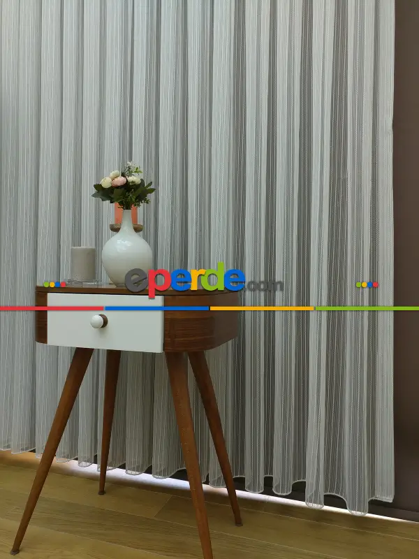 Salon Tül Perde - Boyuna Zincir Desenli Düz Tül Perde- Ekru