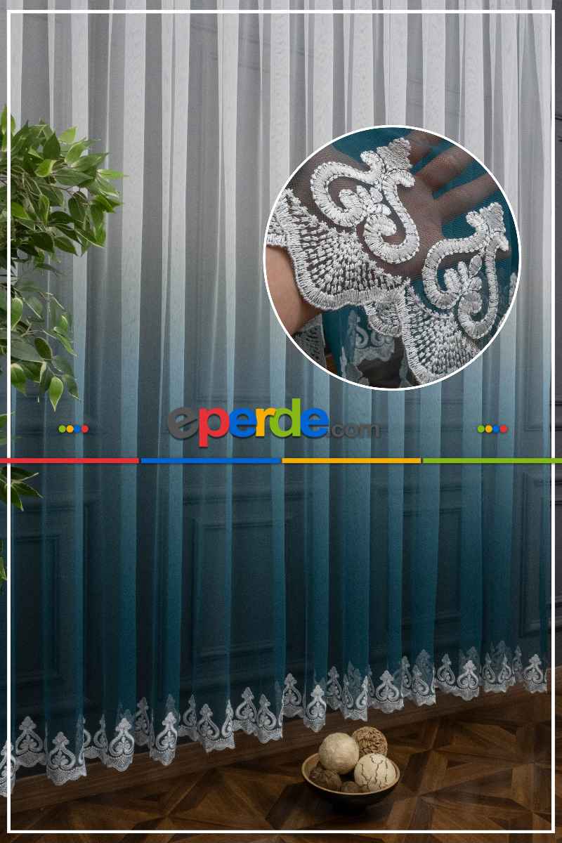 Turkuaz Etek Nakışlı Renk Geçişli Degrade Tasarım Tül Perde
