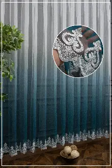 Turkuaz Etek Nakışlı Renk Geçişli Degrade Tasarım Tül Perde