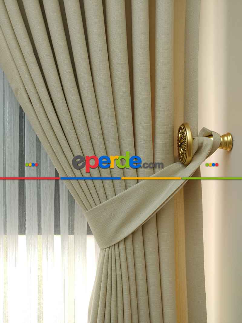 Salon Perdesi - Açık Krem Rengi - Düz Keten Fon Perde (  Keten Fon Perde)- Taş Rengi