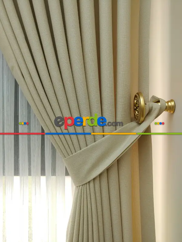 Yatak Odası - Açık Krem Rengi - Düz Keten Fon Perde (  Keten Fon Perde)- Taş Rengi