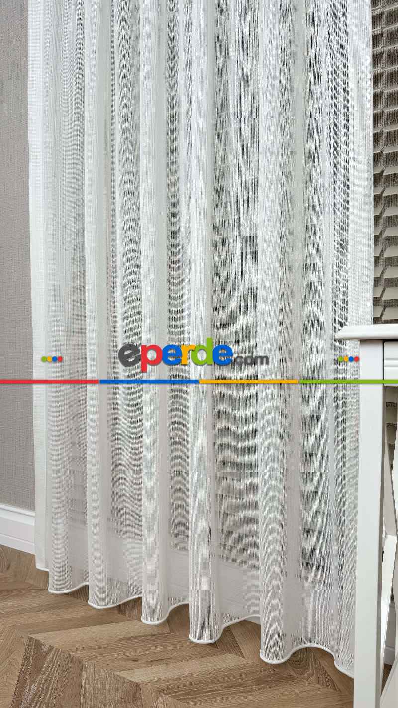 Brillant Ekru Hafif Simli File Tül Perde, Büzgü Ekstraforlu