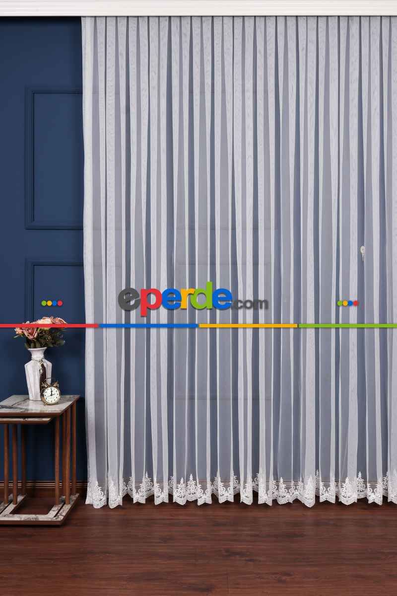 Grek Etek Ucu İşlemeli Nakış Tül Arne Desen Kırık Beyaz