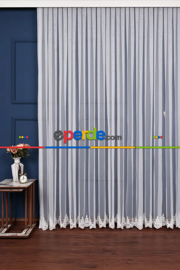 Mutfak Grek Etek Ucu İşlemeli Nakış Tül Arne Desen Kırık Beyaz