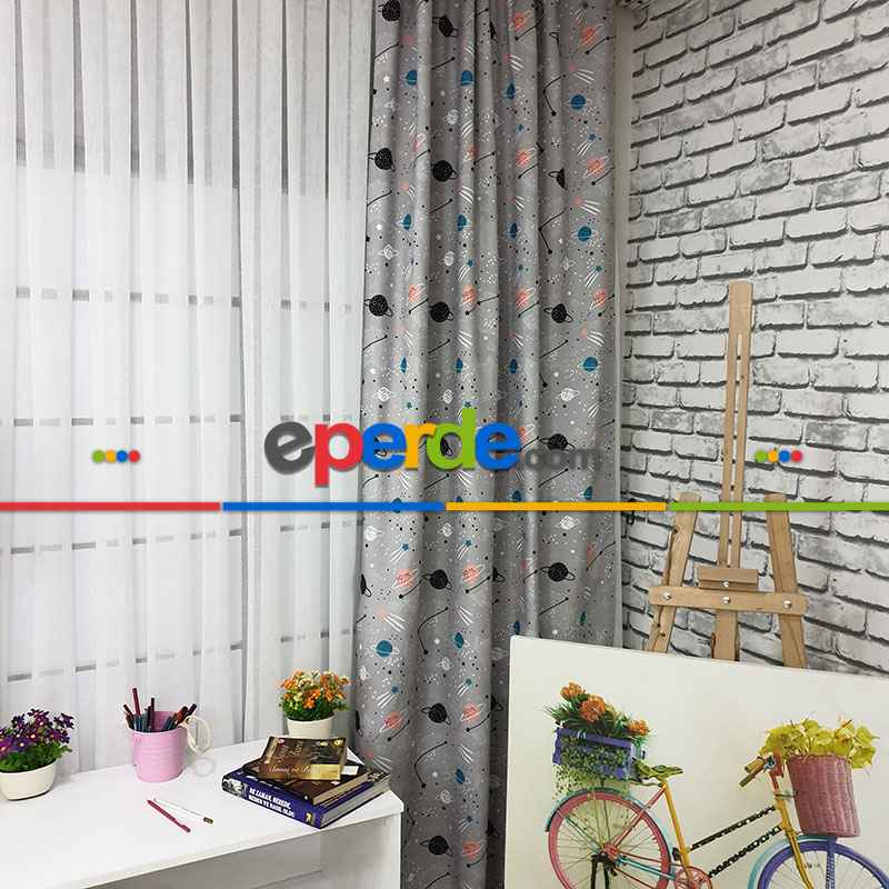 Uzay Gezegen Desenli Fon Perde Evm497 Kumaşı Kalındır Duck Bezi Değildir- Siyah- Çok Renkli 3