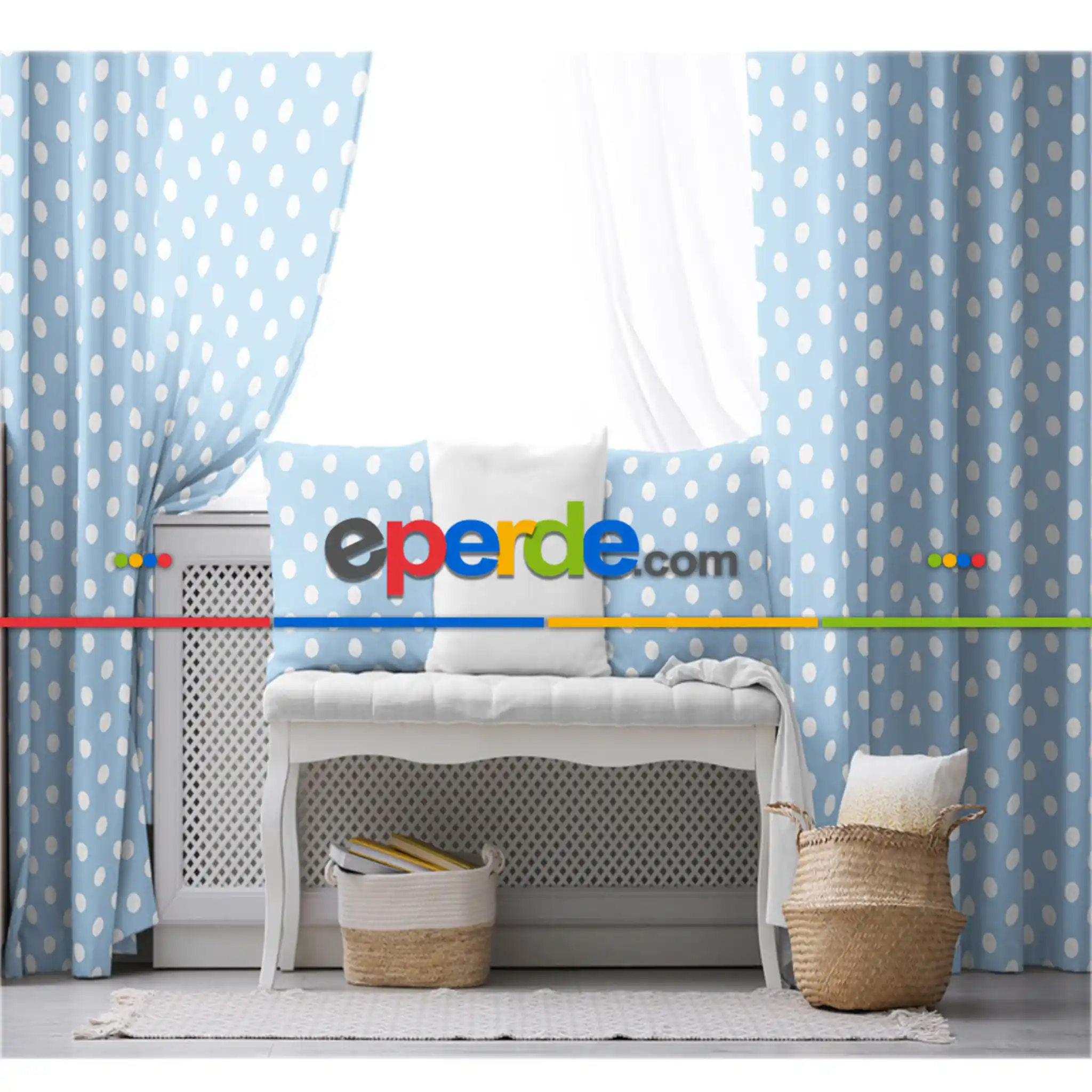 Çocuk Odası - Çocuk Fon Perde Evim1616-2 Kumaşı Kalındır Duck Bezi Değildir- Mavi-beyaz