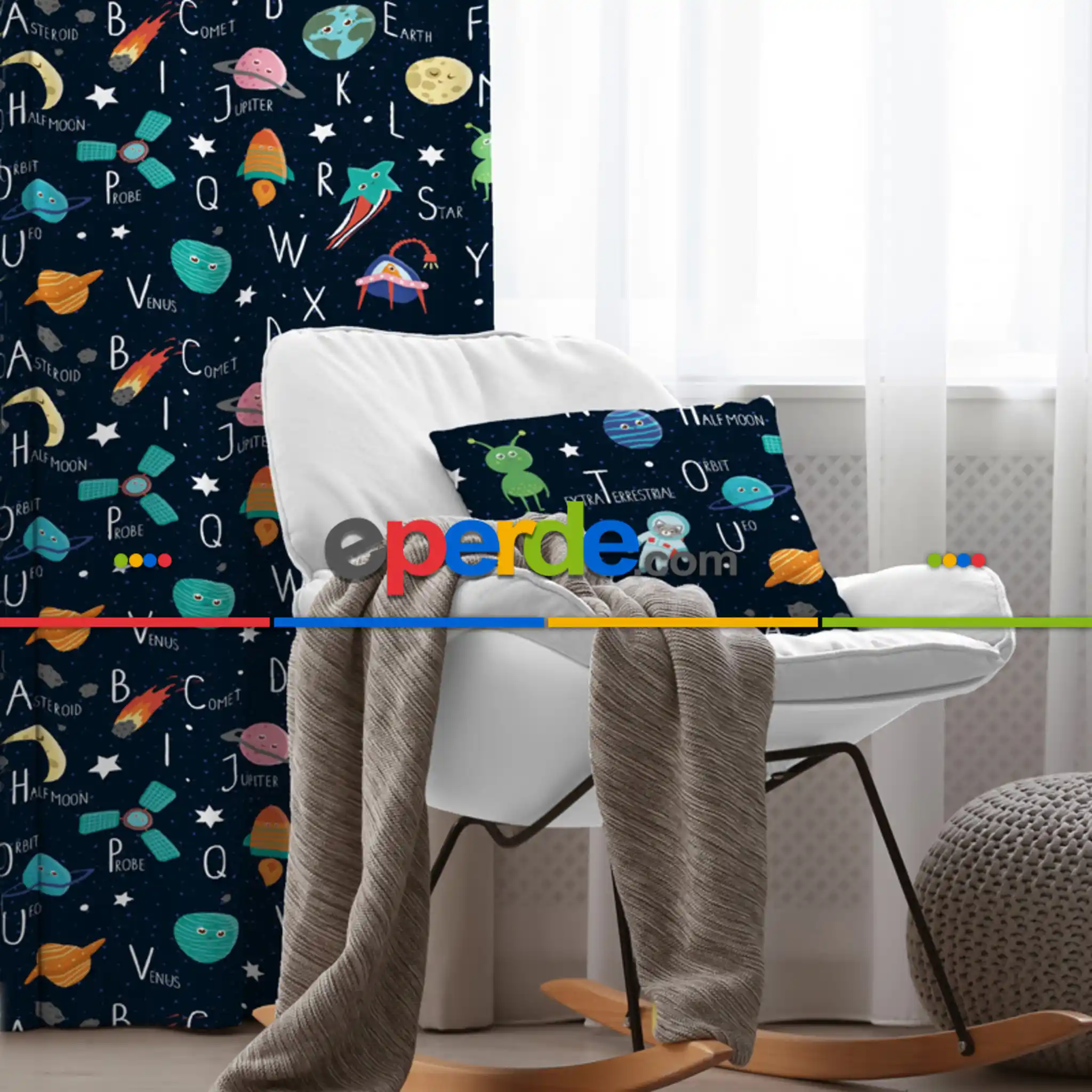 Uzay Desenli Fon Perde Evim833 Kumaşı Kalındır Duck Bezi Değildir- Mavi-beyaz