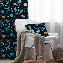 Kız ve Erkek Çocuk Odası Fon Perde - Uzay Desenli Fon Perde Evim833 - Mavi-beyaz