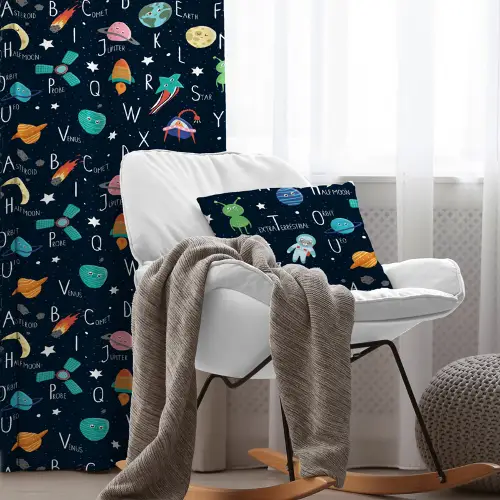 Kız ve Erkek Çocuk Odası Fon Perde - Uzay Desenli Fon Perde Evim833 - Mavi-beyaz