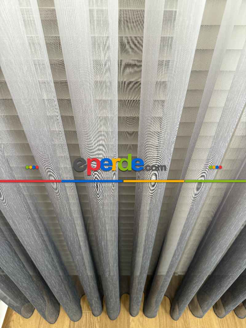 Ekru Antrasit Gri Degrade Geçişli Bambu Tül Perde, Premium Seri, Kurşunlu Tül