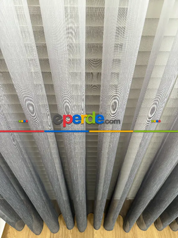 Ekru Antrasit Gri Degrade Geçişli Bambu Tül Perde, Premium Seri, Kurşunlu Tül