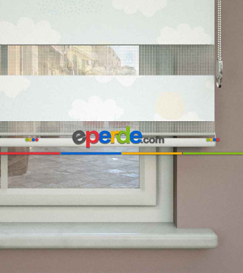 Bulut Desenli Baskılı Zebra Perde- Çok Renkli