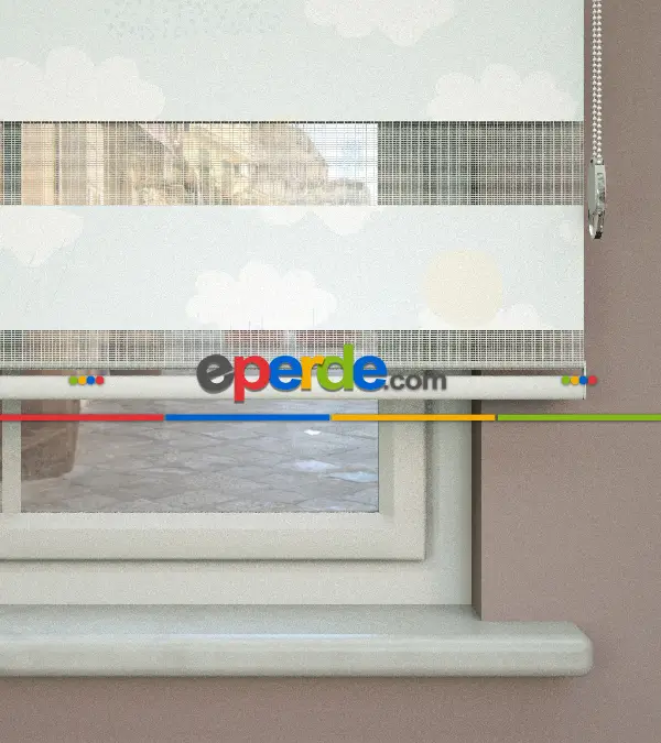 Bulut Desenli Baskılı Zebra Perde- Çok Renkli