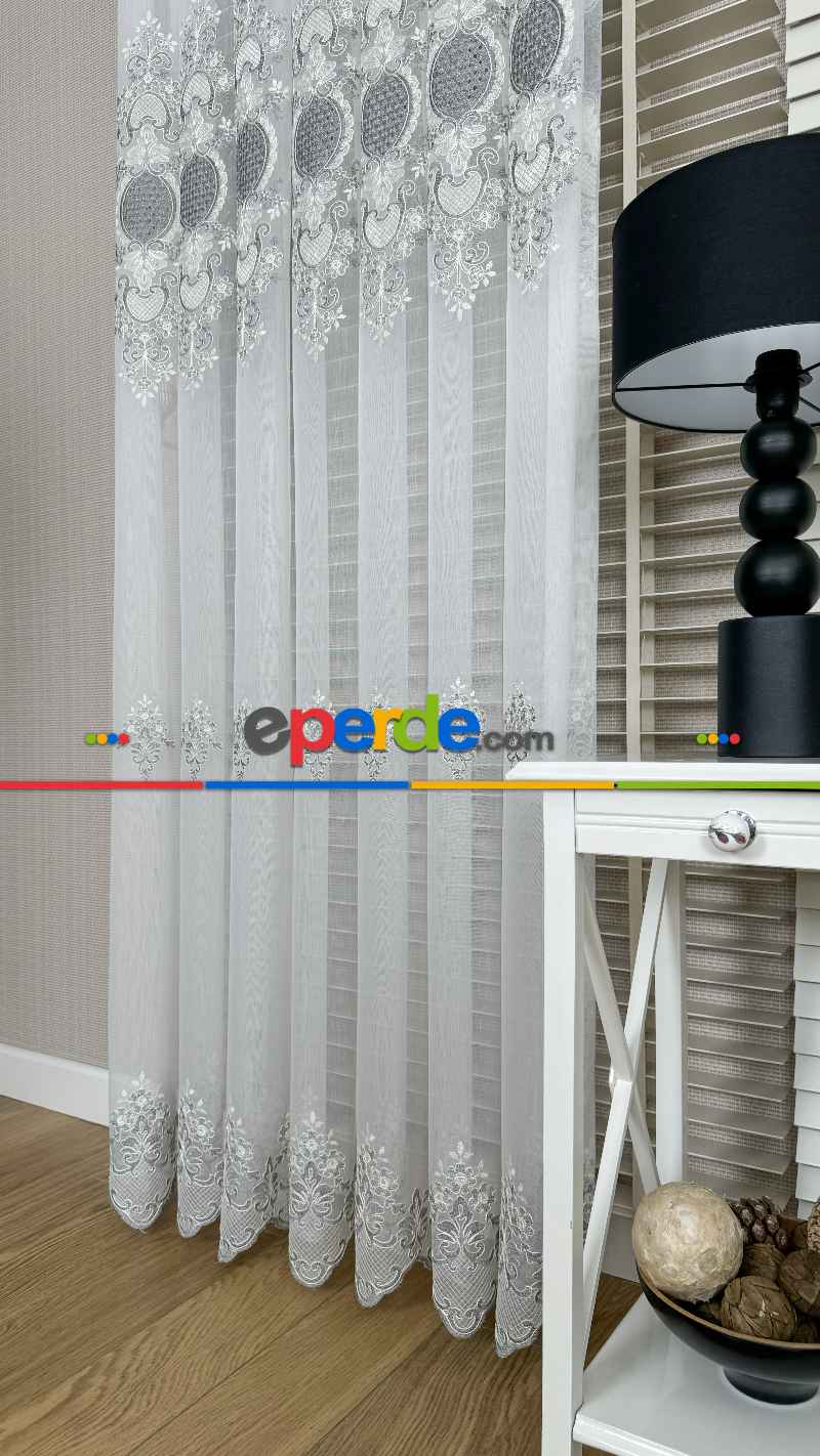 Ekru Gri Özel Dokuma, Özel İplik Brode İşlemeli Tül Perde - Ağır Gramajlı Premium Nakışlı