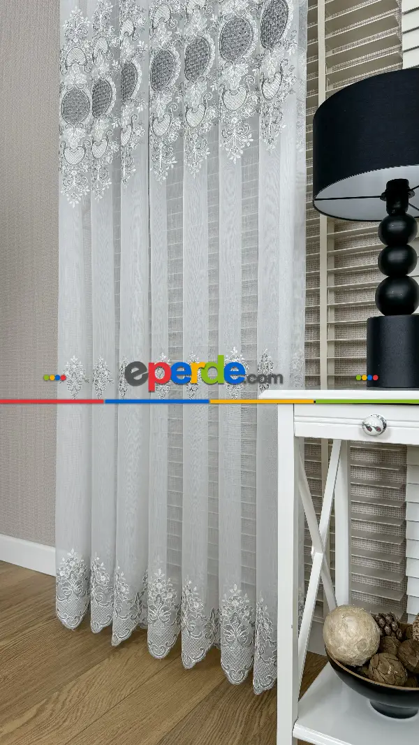 Ekru Gri Özel Dokuma, Özel İplik Brode İşlemeli Tül Perde - Ağır Gramajlı Premium Nakışlı
