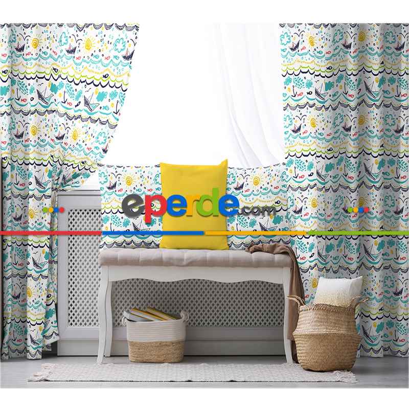Çocuk Desenli Fon Perde Evim855 Kumaşı Kalındır Duck Bezi Değildir- Mavi-beyaz