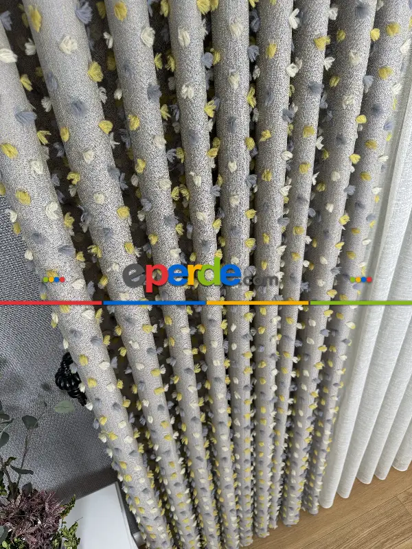 Yatak Odası - Açık Antrasit Krem Ve Sarı Ponponlu Jakar Dokuma, Premium Kalite Serisi Fon Perde