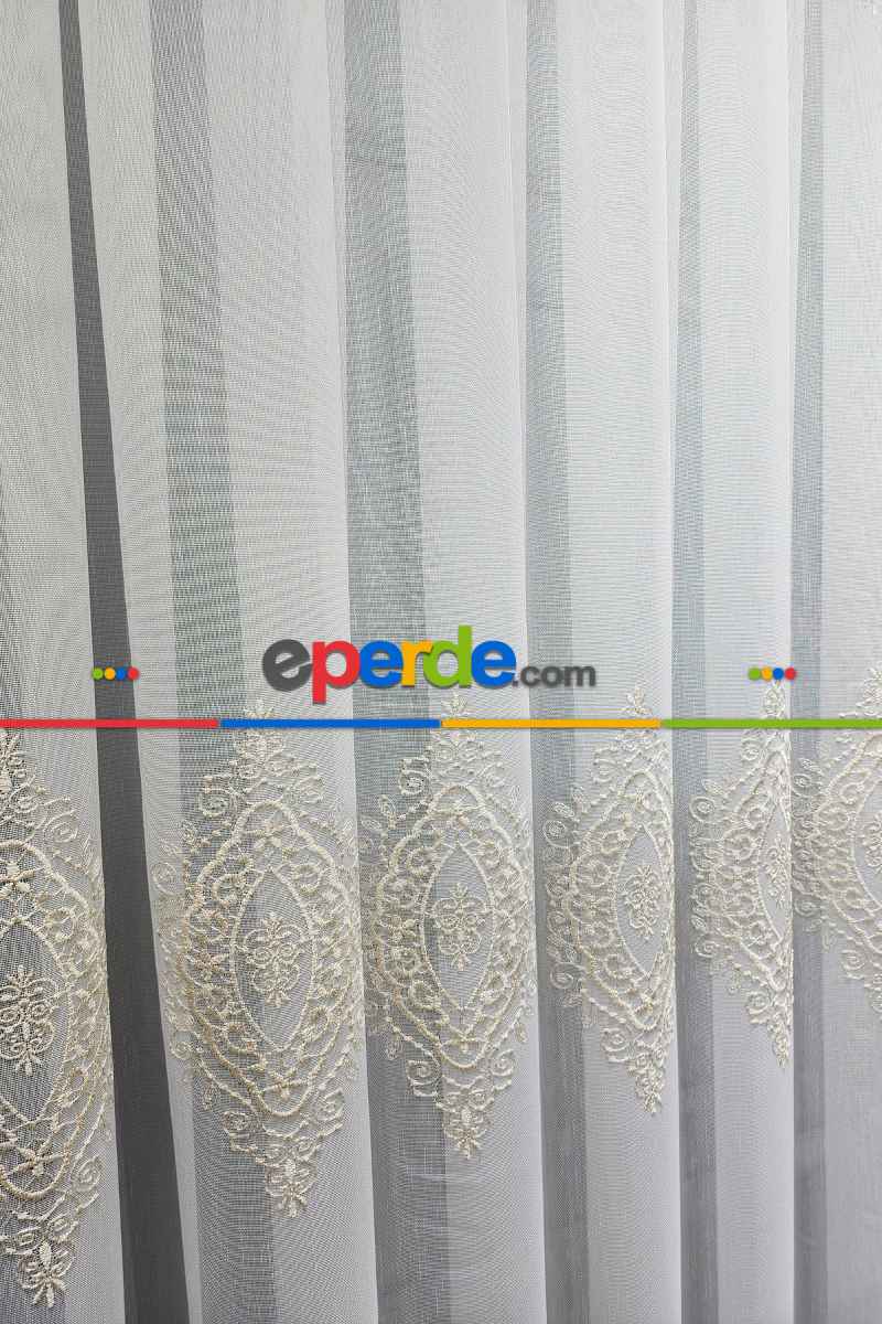 Tül Perde Hafif Keten - Desenli Tül - Avangart Nakışlı Tül Perde - Damask Desenli - Gold/altın