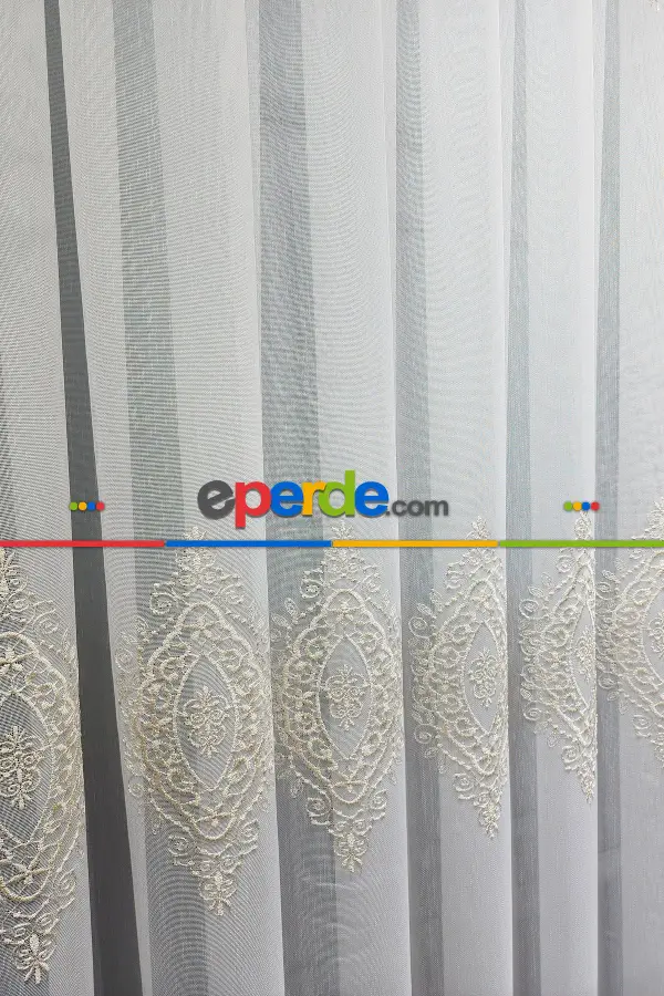 Salon Tül - Gold Altın Orta İstanbul Damask İşlemeli Salon Model Tasarım Pileli Tül Perde