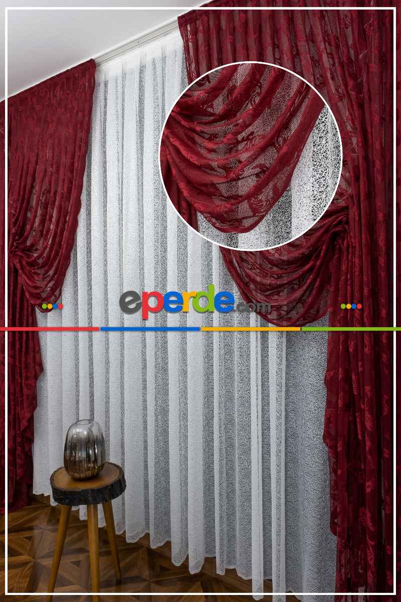 Tül Fon Koyu Renk Bordo Büzgülü Tasarım Fon Perde- Bordo 70cm X 275cm 