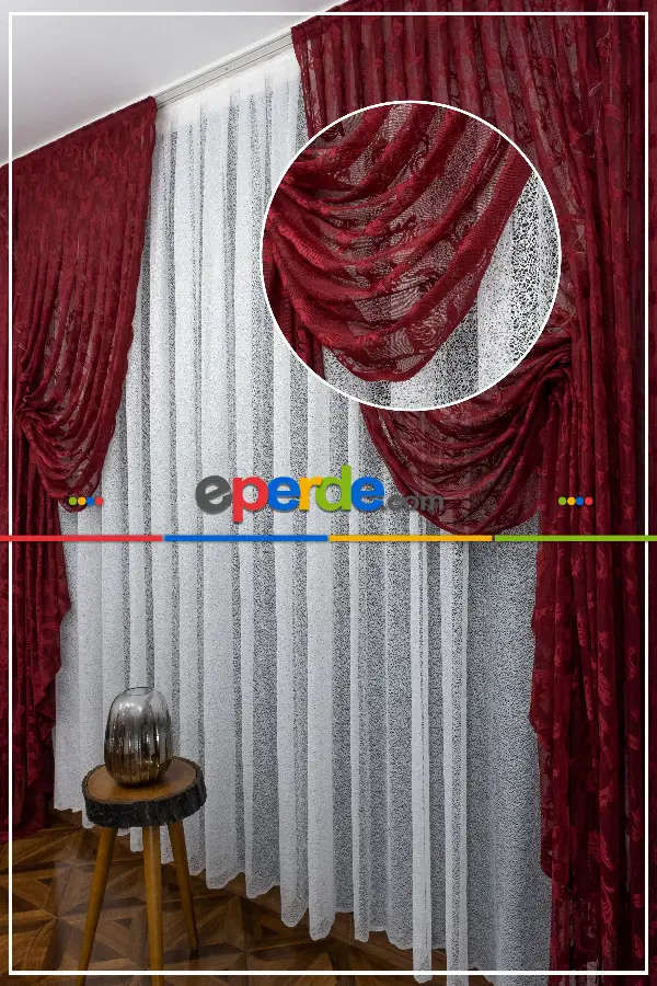 Tül Fon Koyu Renk Bordo Büzgülü Tasarım Fon Perde- Bordo 70cm X 275cm 