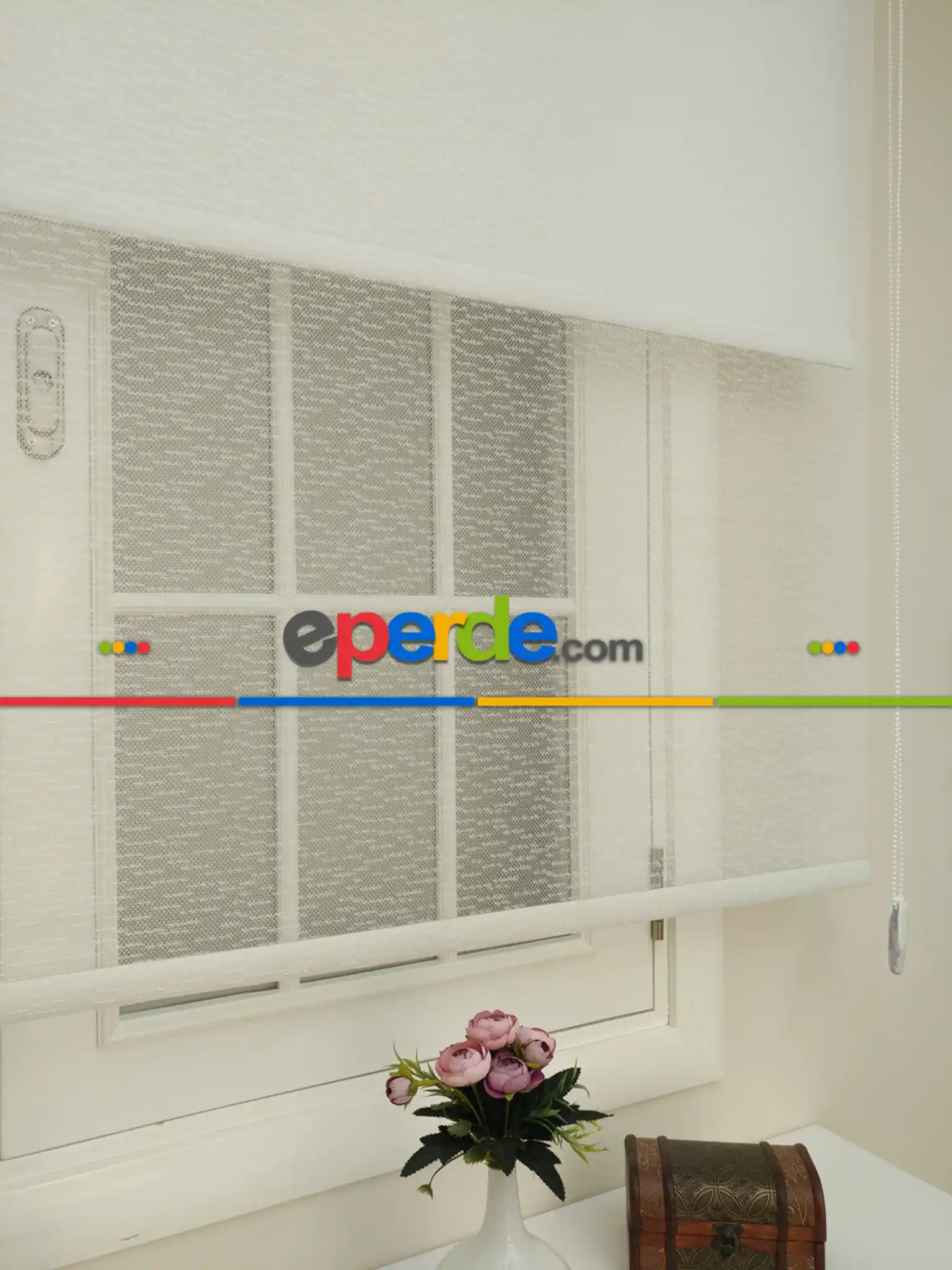 Jakar Örme Tül- Ekru Çiftli Sistem Dantel Desenli Perde- Ekru