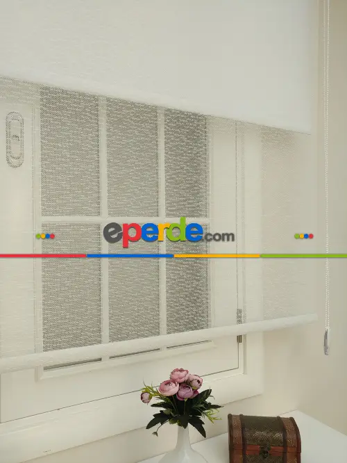 Jakar Örme Tül- Ekru Çiftli Sistem Dantel Desenli Perde- Ekru