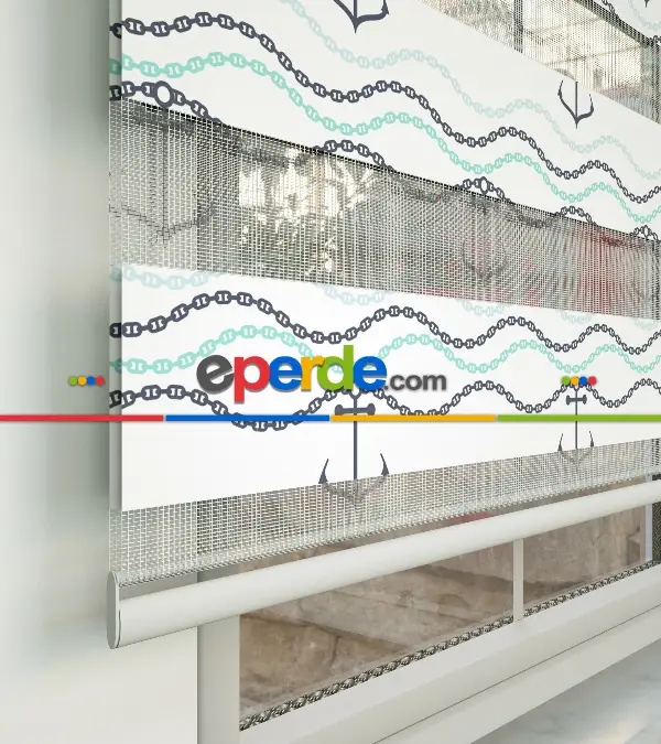 Bebek Odası Zebra Perde - Çapa Baskılı Zebra Perde- Gri-Füme-Antrasit-Beyaz-Turkuaz