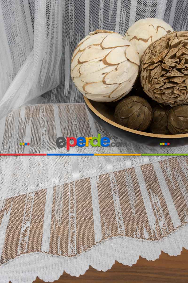 Oturma Odası - Çizgili Modern Desen Örme Tül - Ekru