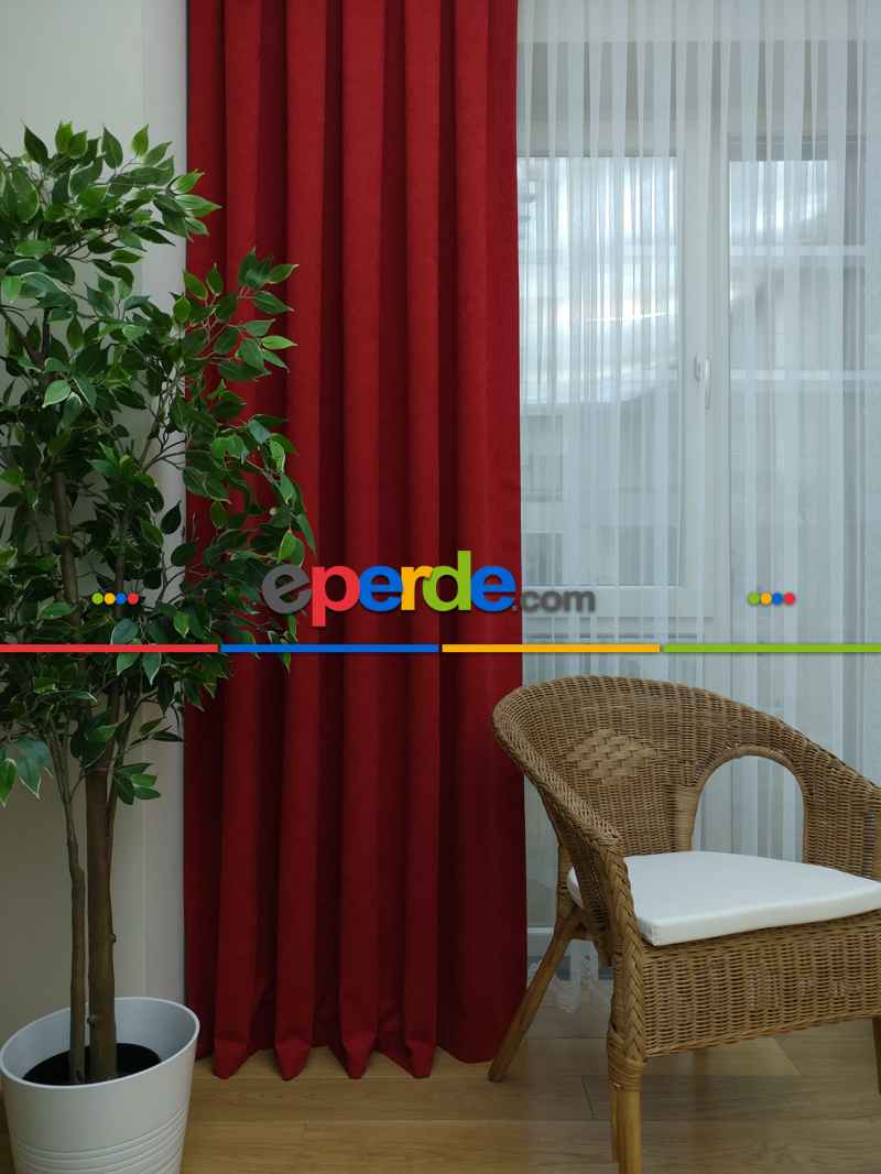 Kırmızı Düz Fon Perde - Kırmızı