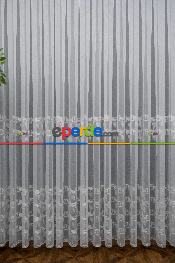 Brillant Tül Perde - Hafif Keten Tül - Etek Ucu Ve Bantı İşlemeli - Spor Modern Desenli Tül Perde - Ütü İstemez Kırışmaz Tül