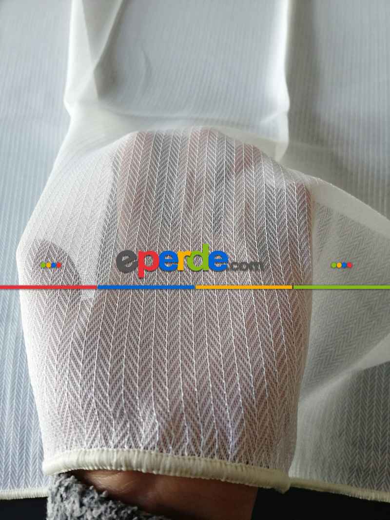 Armür Zemin Balık Sırtı Desen Boydan Çizgili Tül - Krem-bej