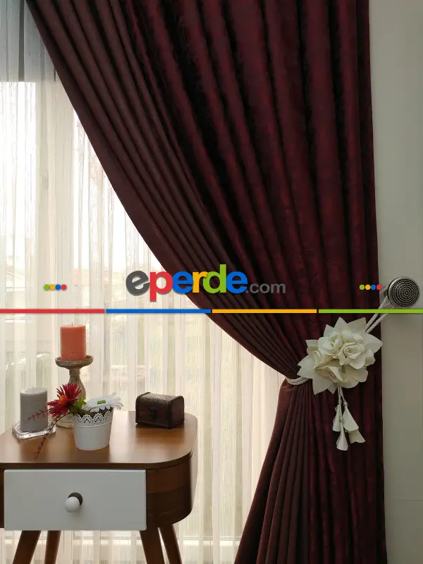Kahve Bordo Renk Kombinli Desenli Fon Perde- Bordo-kahve