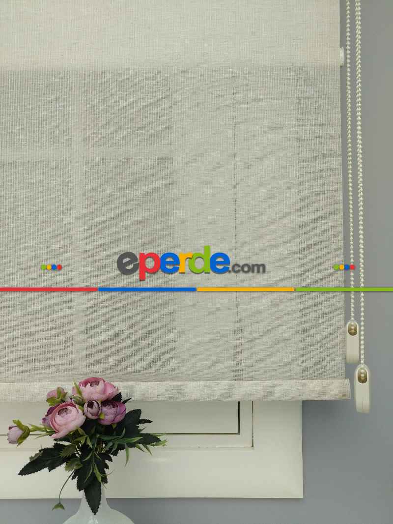 Çiftli Sistem Naturel Keten Tül Stor- Krem Koyu