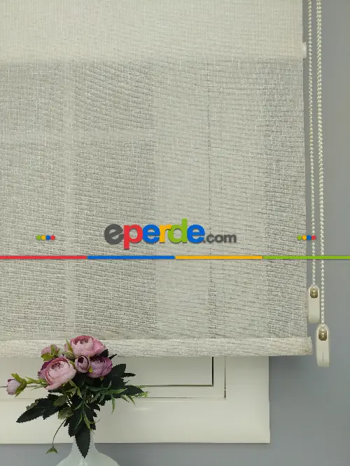 Çiftli Sistem Naturel Keten Tül Stor- Krem Koyu