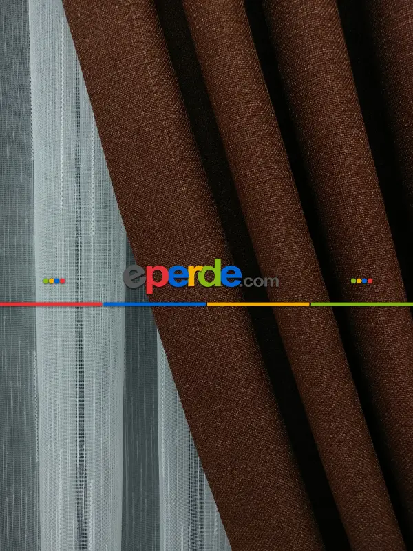 Salon Fon Perde - Keten Kahve Renk Düz Fon Perde- Kahve