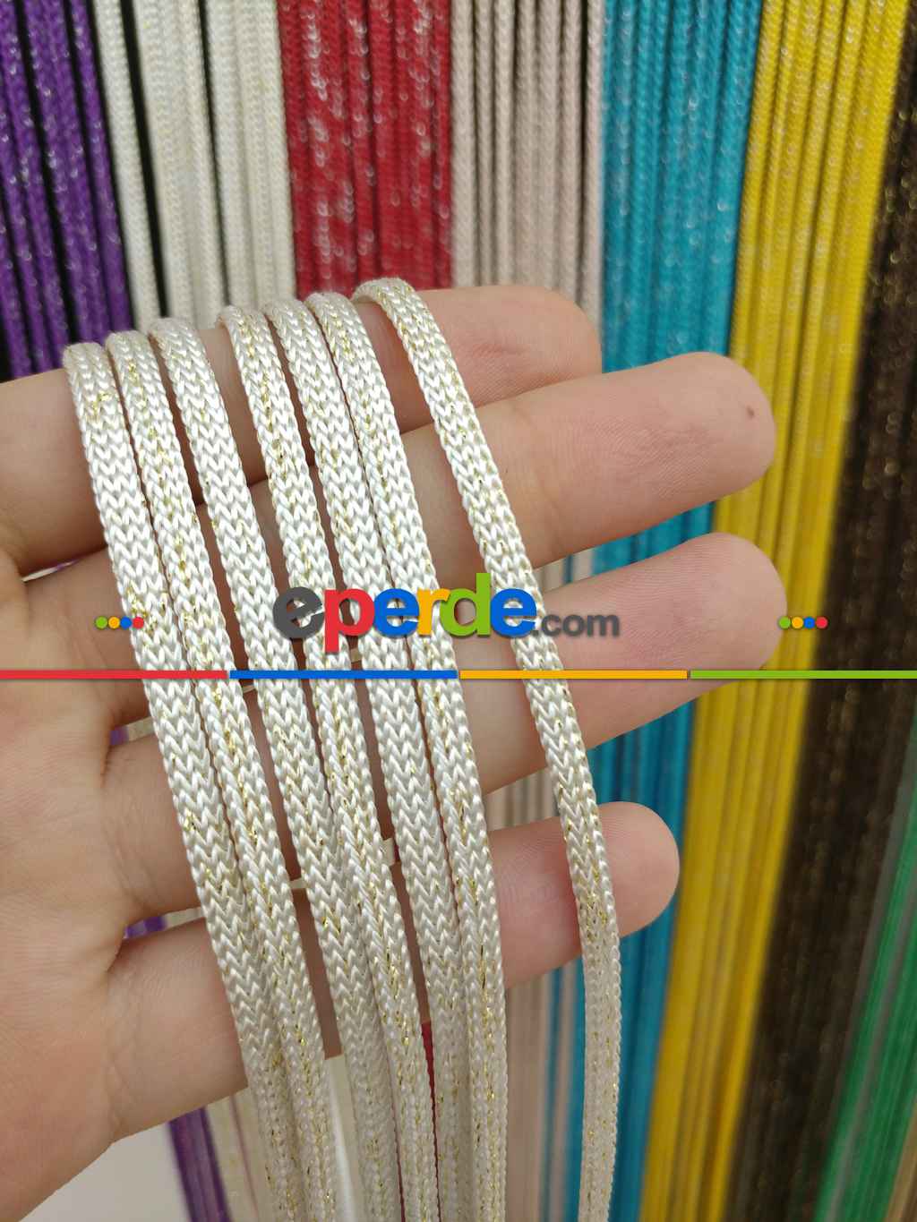 Jumbo Zincir Serisi Krem Altın Simli İp Perde- Beyaz-Altın Simli