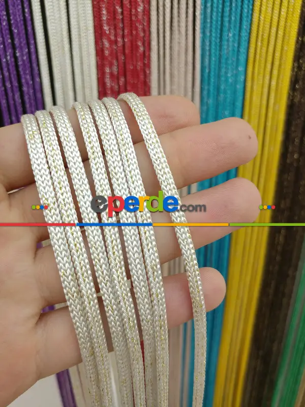 Jumbo Zincir Serisi Krem Altın Simli İp Perde- Beyaz-Altın Simli