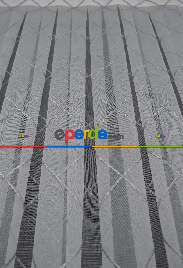 Salon - Geometik Desenli Tül Perde - Ekru - Gümüş